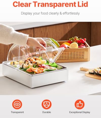 VEVOR Countertop Food Serving Display Container, 1 x 1/2 Pan Stainless Steel Food Serving Tray, Buffet Condiment Dispenser Display Rack with Clear Lid & Ice Tray, for Restaurant Hotel Kitchen Party - Image 3