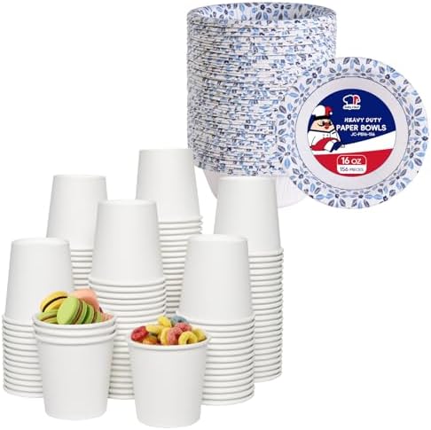 JOLLY CHEF Disposable Paper Cups and Bowls, Printed Paper Bowls 16 oz 156 Count, 4 oz Small Paper Cups 300 Pack for Bathroom,Mouthwash and Daily Use by JOLLYCHEF