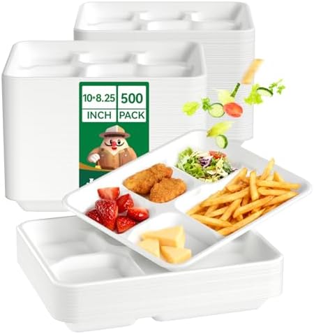 Compostable 5 Compartment 10*8.25*1 Inch 500 Pack Heavy Duty Paper Plates by JOLLYCHEF