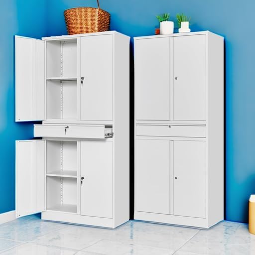 Letaya Metal Garage Storage Cabinet with Drawer,4 Door Tool Cabinet with Lock-2 Adjustable Shelves for Garage Home Office Utility Room (White)