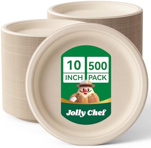 Compostable Heavy Duty 10 Inch 500 Pack Disposable Eco-Friendly Paper Plate by JOLLYCHEF