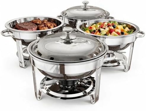 Chafing Dishes for Buffet, 4 Pack 5QT Round Stainless Steel Chafing Dish Set for Home Parties, Christmas Gatherings, Catering Events Complete Buffet Warmer Set (Silver 4) by KScocina