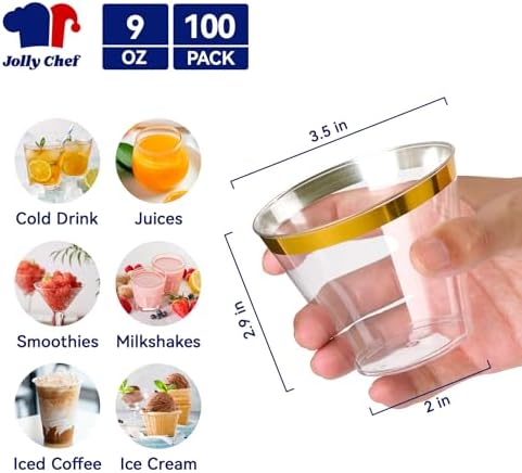 JOLLY CHEF Gold Rimmed Plastic Cups, 9 oz Clear Party Tumblers 100 Pack - Image 2