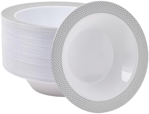 JOLLY CHEF Plastic Bowls with Silver Grid Rim Disposable 12oz Bolws 50Pack by JOLLYCHEF