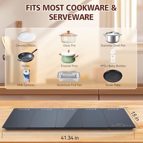 41.3" x 15" Electric Warming Tray for Parties Buffet, 5-in-1 Modular Food Warmer Mat with 17 Heat Levels, 12H Timer, Child Lock & Glass Surface for Family Dinners Holiday Gatherings - Image 6
