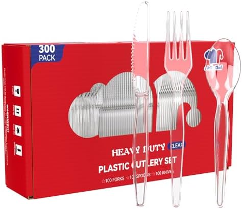 300 Clear Plastic Silverware, Cutlery Set 100 Forks, 100 Spoons, 100 Knives by JOLLYCHEF