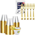 100 Pack Gold Plastic Cups 125 Count Gold Plastic Disposable Forks by JOLLYCHEF