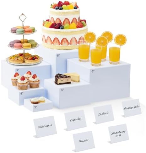 Nestable Buffet Risers - 6 Pcs White Acrylic Food Risers with Signs & Markers – Sturdy Dessert Table Display Stands for Parties, Catering, Jewelry & Collectibles (Easy-Store Stackable Cubes: 8", 7", 6", 5", 4", 3") by Unknown