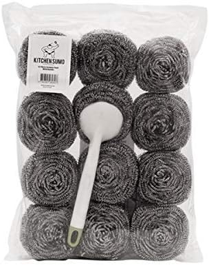 Stainless Steel Sponges Scourer Set with Handle 40 gram - Pack of 12 - Large Stainless Steel Scrubbers - Metal Scouring Pads - Stainless Steel Pot, Pan, Cast Iron Cleaner