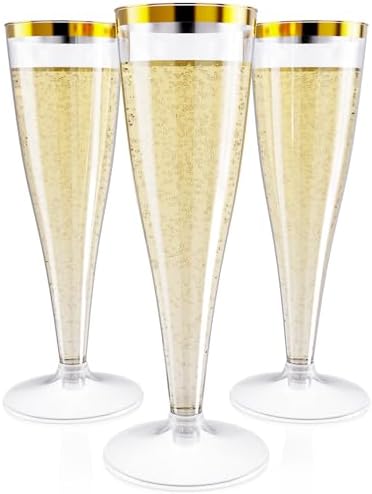 JOLLY CHEF 36 Count Plastic Champagne Flutes 4.5 oz Gold Rim Clear Disposable Toasting Glasses by JOLLYCHEF