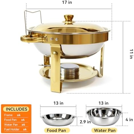 Gold Chafing Dish Buffet Set, 4-Pack 6QT 304 Stainless Steel Round Food Warmers with Lids, Water Pans & Fuel Holders – for Catering, Wedding Receptions & Parties - Image 2