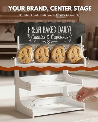 HOTCAN Cookie Display Stand for Bakers & Vendors with Acrylic Front | Wooden Dessert Stand with Chalkboard Sign for Market Booths, Craft Fairs & Events | 4 Tiered Cookie Display for Cupcakes, Muffins & Pastries (White) - Image 3