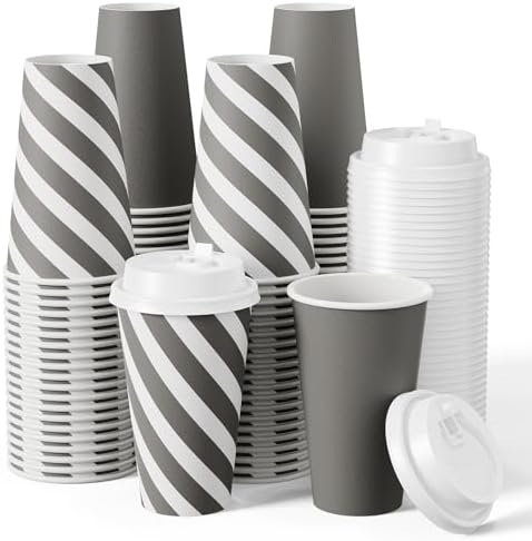 JOLLY CHEF 100 Pack 16 oz Paper Coffee Cups with Lids by JOLLYCHEF