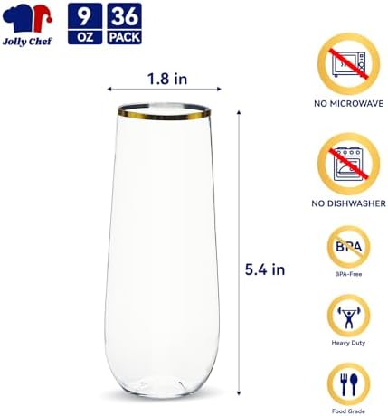JOLLY CHEF 36 Pack 9 Oz Champagne Flutes Gold Stemless Toasting Glasses - Image 2