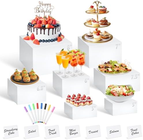7Pcs White Acrylic Buffet Risers with Mini Sign and Marker, Food Display Risers for Party Catering Dessert Jewelry Collectibles,Acrylic Cube Nesting Boxes with Hollow Bottoms(8" 7.5" 7" 6.8" 6" 5" 5") by Qinzave