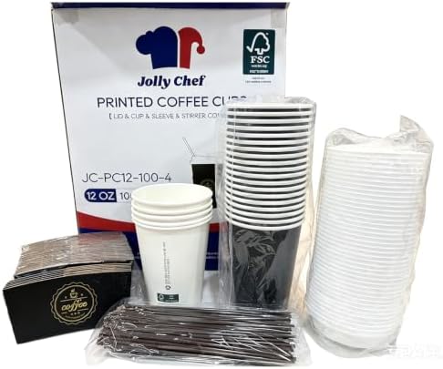 JOLLY CHEF 100 Pack 12 oz Disposable Coffee Cups with Lids Sleeves Stirrers - Image 7