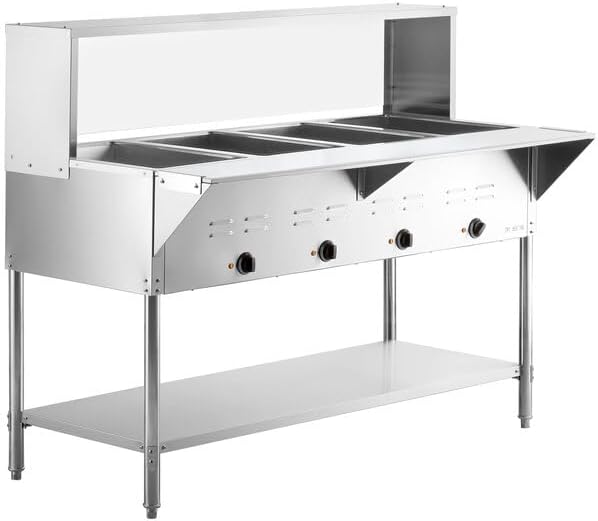 Four Pan Electric Steam Table with Undershelf, Overshelf, Sneeze Guard, Stainless Steel, 208/240V, 3000W, 57x30x34 Inches