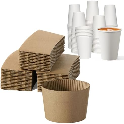JOLLY CHEF 500 Pack Kraft Sleeves for 10, 12, 16, 20 oz Coffee Cups, 100 Pack Disposable Paper Coffee Cups 12 oz with Brown Sleeves by JOLLYCHEF