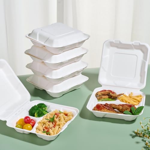 8" Sugarcane to go food containers, 3-Compartment Clamshell Food Containers - Image 3