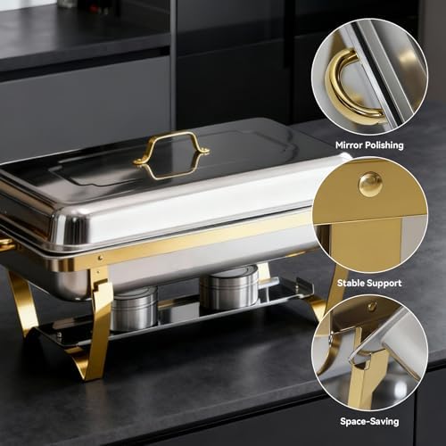 9Qt Chafing Dishes for Buffet, Gold Stainless Steel Chafing Dish Sets, Food Warmers for Parties, Buffet Servers and Warmers, Warming Trays for Buffets Party, Catering Supplies Buffet Display, 4 Pack - Image 5