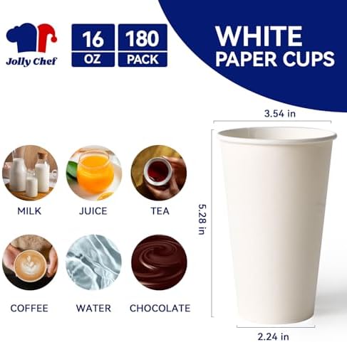 JOLLY CHEF 16 oz Paper Coffee Cups, White Drinking Paper Cups 180 Count - Image 2