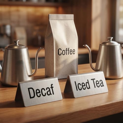7Pcs Stainless Steel Coffee Table Tent Signs, 3.9 x 2.4 Inch Double Sided Beverage Display Stand for Cafe Buffet Restaurant Party (Coffee, Decaf, Hot Tea, Iced Tea, Hot Water, Cream, Milk) - Image 3
