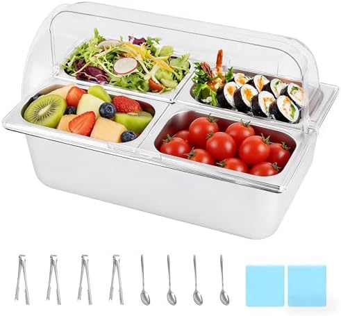 Cold Food Buffet Server 4 Pans×2.7QT with Ice Packs for Salad Pizza Sauce Colded Serving Trays Condiments Containers for Parties Buffet by YMJOINMX
