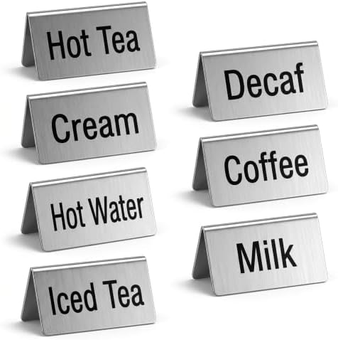 7Pcs Stainless Steel Coffee Table Tent Signs, 3.9 x 2.4 Inch Double Sided Beverage Display Stand for Cafe Buffet Restaurant Party (Coffee, Decaf, Hot Tea, Iced Tea, Hot Water, Cream, Milk) by Unknown