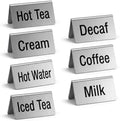 7Pcs Stainless Steel Coffee Table Tent Signs, 3.9 x 2.4 Inch Double Sided Beverage Display Stand for Cafe Buffet Restaurant Party (Coffee, Decaf, Hot Tea, Iced Tea, Hot Water, Cream, Milk) by Unknown