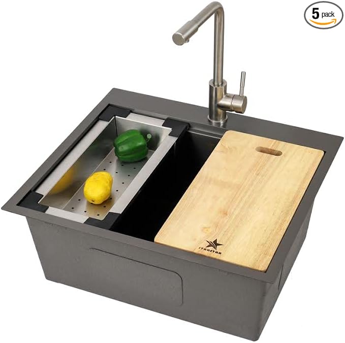 STARSTAR Workstation Ledge Topmount/Drop-in Single Bowl Satin Brass Matte Stainless Steel Kitchen/Yard/Bar/Laundry/Office Sink, With Grid, Colander, Cutting Board, Strainer with Basket (23x20x9 Black)