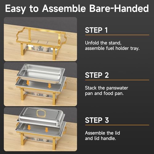 Chafing Dishes for Buffet 4 Pack, 9QT Chafing Dish High Grade Stainless Steel Chafer Complete Set,Steel Handle, Catering Events Complete Buffet Warmer Set (Golden, 2) - Image 4