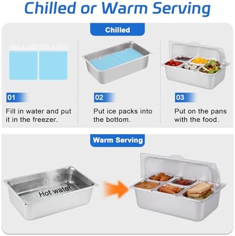 Cold Food Buffet Server 5 Pans (4 Pans×1.6Qt & 1 Pan×4QT) with Ice Packs for Salad Pizza Sauce Colded Serving Trays Condiments Containers for Parties Buffet - Image 4