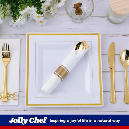 JOLLY CHEF 60 Pack Plastic Plates With Gold Rim 9.5 Inch Disposable Plates - Image 5