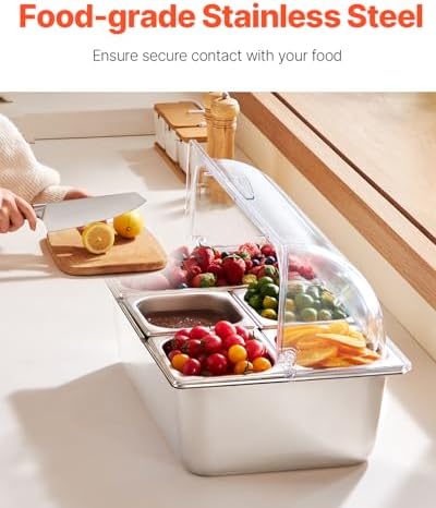 VEVOR Countertop Food Serving Display Container, 5 Pan Stainless Steel Food Serving Tray, Buffet Condiment Dispenser Display Rack with Clear Lid & 3 Freezer Boxes, for Restaurant Hotel Kitchen Party - Image 2