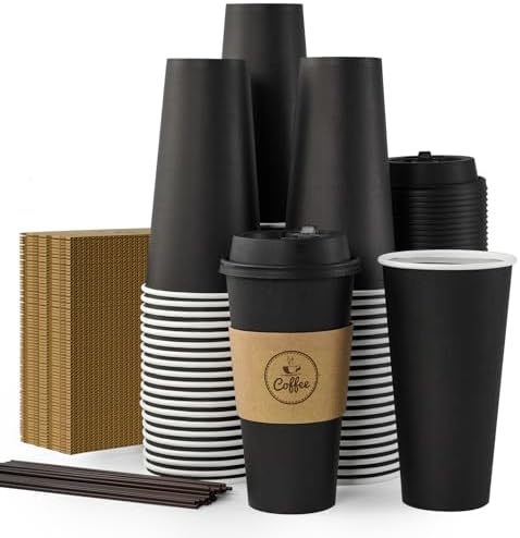 20 oz Black Paper Coffee Cups with Lids, Sleeves and Stirrers 100 Count by JOLLYCHEF