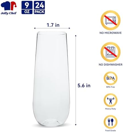 JOLLY CHEF 24 Pack 9 oz Stemless Plastic Champagne Flutes Gold Rim Glasses - Image 2