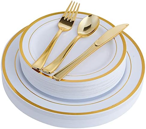 125 PCS Plastic Plates Set Gold Disposable Dinnerware Set for 25 Guests by JOLLYCHEF
