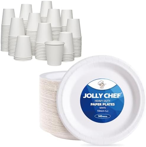JOLLY CHEF Disposable Coffee Cups and Bowls, 10 in Paper Plates 140 Count, Versatile Hot/Cold Beverage 10 oz Paper Cups 300 Pack for Water by JOLLYCHEF