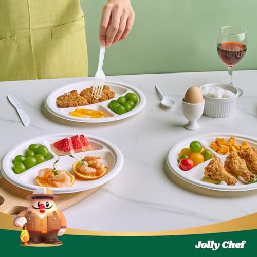 JOLLY CHEF Heavy Duty Compostable 3 Compartment Paper Plate 9 Inch 150 Pack - Image 5