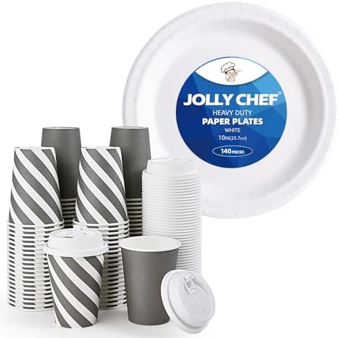 JOLLY CHEF Disposable Paper Plates 10 inch 140 Count and 100 Pack 12 oz Paper Coffee Cups, Printed Drinking Cups with Lids(Stripes and Grey) by JOLLYCHEF