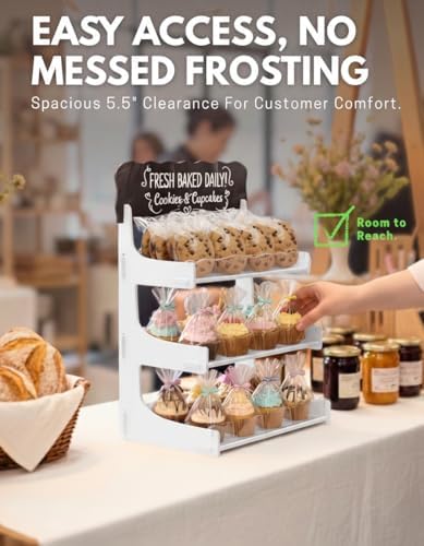 HOTCAN Cookie Display Stand for Bakers & Vendors with Acrylic Front | Wooden Dessert Stand with Chalkboard Sign for Market Booths, Craft Fairs & Events | 3 Tiered Cookie Display for Cupcakes, Muffins & Pastries (White) - Image 2