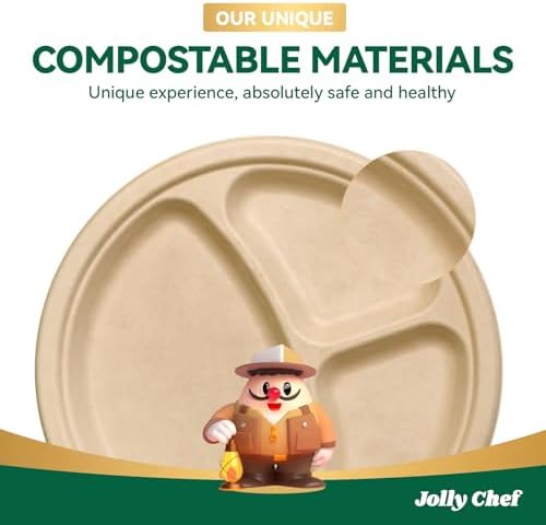 JOLLY CHEF Heavy Duty Compostable 3 Compartment Paper Plate 10 Inch 125 Pcs - Image 7