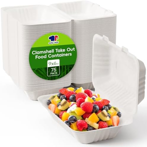 Sugarcane to go food containers, 1-Compartment Clamshell Food Containers by JOLLYCHEF