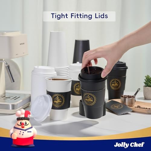 JOLLY CHEF 100 Pack 16 oz Disposable Coffee Cups with Lids Sleeves Stirrers - Image 3