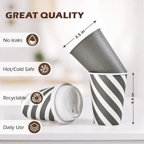 JOLLY CHEF Disposable Paper Plates 10 inch 140 Count and 100 Pack 12 oz Paper Coffee Cups, Printed Drinking Cups with Lids(Stripes and Grey) - Image 7