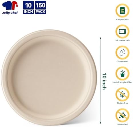 Compostable Heavy Duty 10 Inch 150 Pack Eco-Friendly Disposable Paper Plate - Image 2
