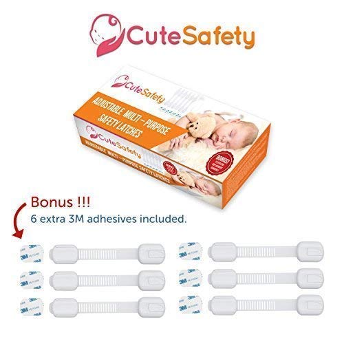 Child Safety Cabinet Locks (6 Pack) – Adjustable Baby Proofing Strap Latches with Strong 3M Adhesive – No Drill Childproof Locks for Drawers, Cabinets, Fridge, Door, Closet, White