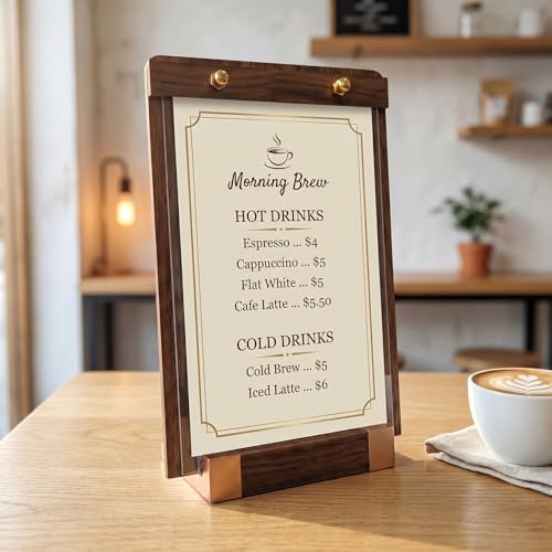 1 Pack Classy Sign Holder 8.5 x 11 with Slanted Wooden Base, Vertical Countertop Menu Display Stand for Coffee Shop, Bakery, Retail, Wedding - Image 3