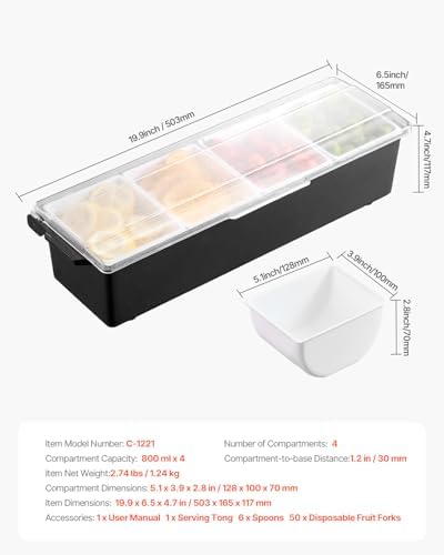 VEVOR Chilled Condiment Server, 4 Compartment Ice Cooled Condiment Serving Container, Chilled Garnish Tray Bar Caddy with Lid, for Bartending & Serving Taco, Salad, Fruit, Home & Restaurant Supplies - Image 7