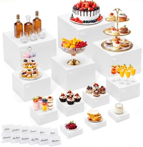 12 Pcs White Acrylic Buffet Risers with Mini Sign, Buffet Table Acrylic Cube Food Display Stands Party Catering Dessert Jewelry Collectibles, Acrylic Cube Nesting Boxes with Hollow Bottoms Home Storage (10" 9" 8" 7" 6" 5" 4" 4" 4" 3" 3" 3") by Unknown
